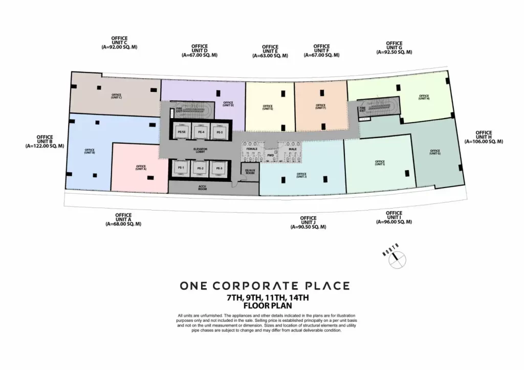 One Corporate Place typical office floor plan layout sqm breakdown