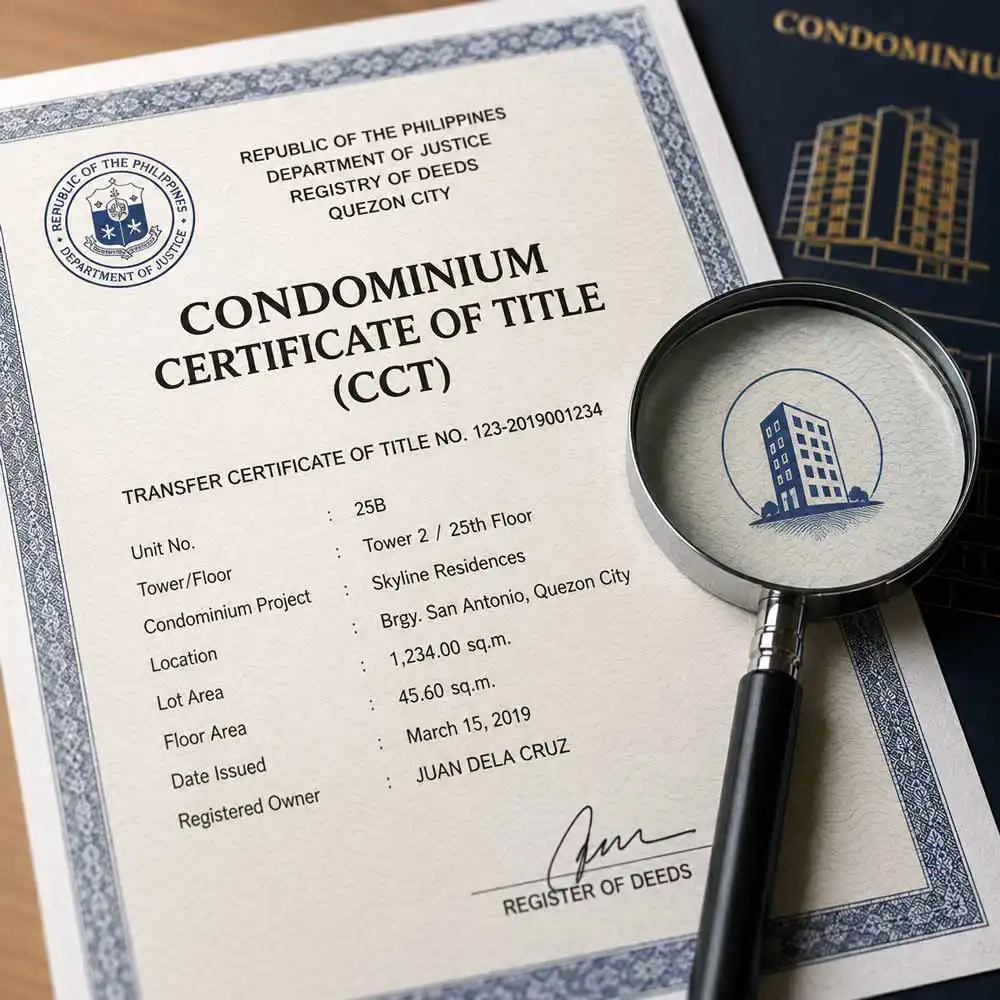 Condominium Certificate of Title (CCT) document for a Philippine condo unit buying a condo in the philippines